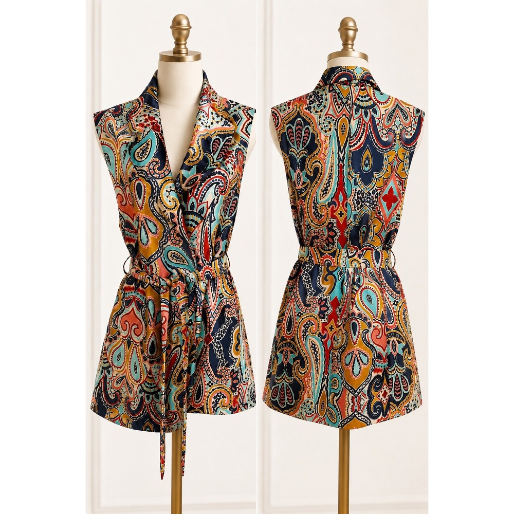 Zara Paisley Print Sleeveless Romper XS Multicolor Satin Wrap Tie Waist 8485/199